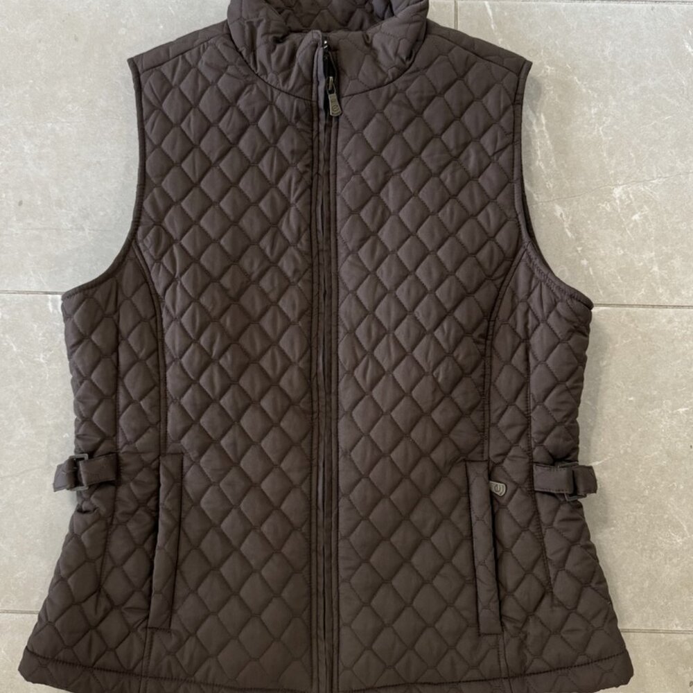eStudio Women's Brown Vest Jacket L Full Zip Quilted Puffer Short Length Lined
